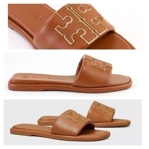 BRAND NEW Tory Burch Double T Sport Slide Sandal Aged Camello/Gold - Size 10